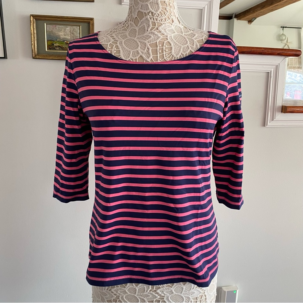 SAINT JAMES Made in France Boat Neck Top Sz 10 Pink Navy Stripes